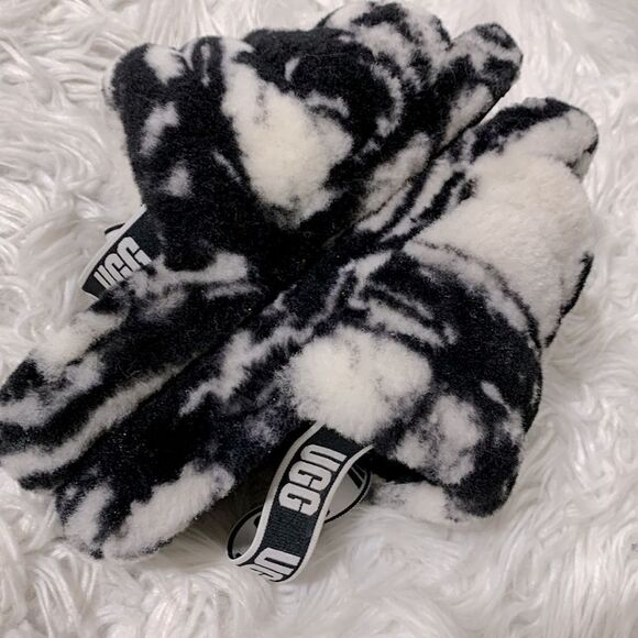 UGG shearling sandals black/white elastic straps women sz 6-see meas - Picture 9 of 12